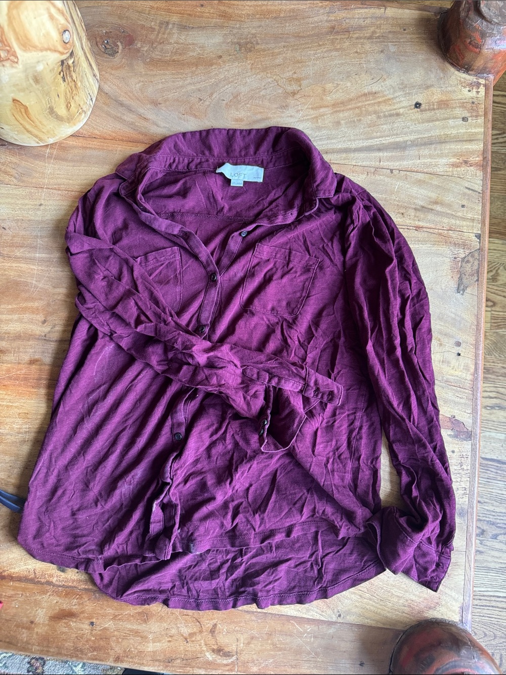 LOFT Plum Button-Front Long Sleeve Top